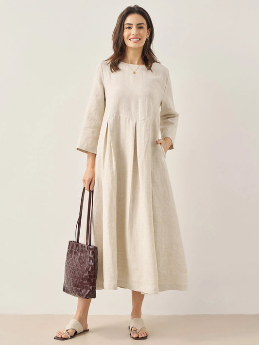 100% LINEN BATEAU NECK PLEATED MAXI DRESS